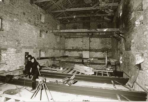 Reconstruction of the interior of the building continues. Wooden beams are now replaced with steel (March 1986). Abymill Theatre